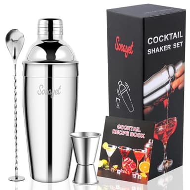 Sosayet Shaker Cocktail 750 mL, 3 Pezzi Kit Barman con Dosatore Cocktail 15/30 ml, Pestello Cocktail, Set Cocktail Professionale Regalo Uomo per Casa, Bar, Feste