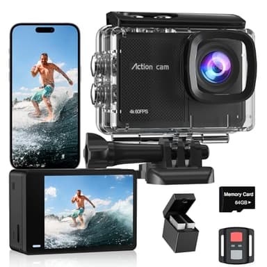 Camlance Action Cam 4K60FPS con Scheda Da 64GB, 131FT Fotocamera Subacquea con 8X Zoom,48MP HD WIFI Videocamera 170° Telecamera EIS,Telecomando 2x1350mAh Batterie