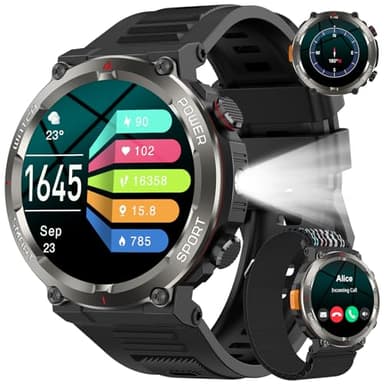 Baolubao Smartwatch Uomo Militare 1.45" con Chiamate 960mAh Batteria LED Torcia e Bussola, IP68 Impermeabile, 24/7 Monitoraggio Salute Cardiofrequenzimetro/Sonno/Contapassi con Android e iOS