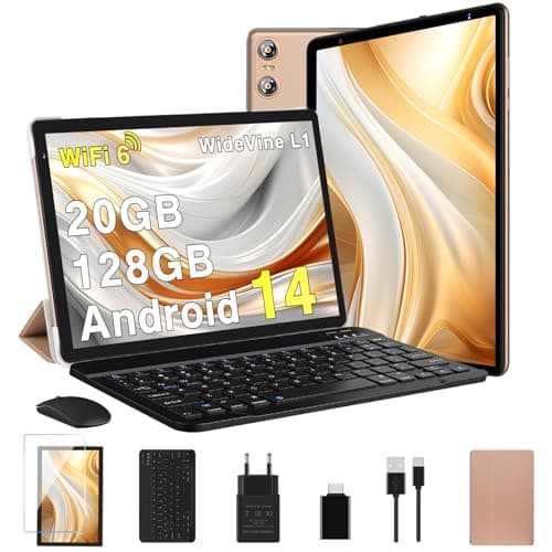 Biegedy Tablet 10 Pollici Android 14 Tablet 20GB RAM+128GB ROM (1TB TF), Tablets 5G/2.4G WiFi 6 Octa-Core, Widevine L1/GMS/Bluetooth 5.0/6000mAh/5+8MP, Tablet 2 in 1 Tastiera+Mouse - Oro