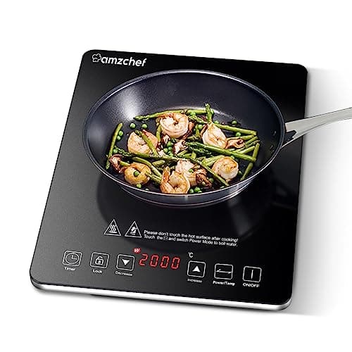 Piastra ad induzione,AMZCHEF piano Cottura a induzione elettrica con superficie in vetro cristallo nero lucido, design portatile ultrasottile, controllo touch sensor e blocco di sicurezza,2000W