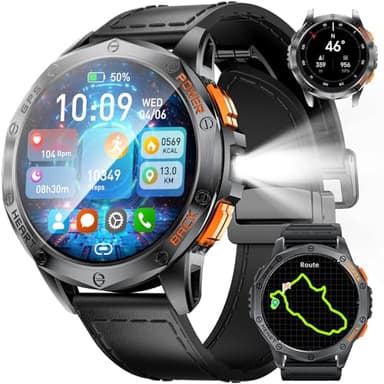 Smartwatch Uomo GPS Militare 10ATM Impermeabile con Torcia LED, 1,43" AMOLED Display, Chiamate Bluetooth, 600mAh Grande Batteria Altitudine/Pressione/Bussola Android iOS Rugged Smartwatch Orologio