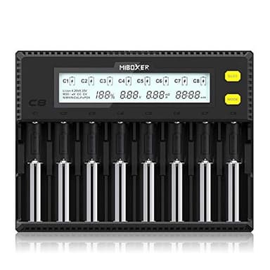 Caricabatteria 18650, Caricabatterie MiBOXER 8 Baie con Display LCD Automatico, Ricarica Rapida LiFePO4 Ni-MH Ni-CD AA AAA C 21700 26650 13650 16340 18350 18700 RCR123