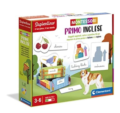 Clementoni Sapientino Montessori - Primo Inglese, Gioco Educativo Metodo Montessoriano per Bambini 3-6 Anni per Imparare l'Inglese con Oggetti Sagomati e Carte, Made in Italy, Lingua Italiana, 16364