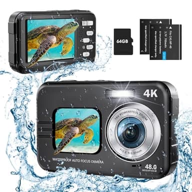 Fotocamera digitale impermeabile 4K 48MP Autofocus fotocamera subacquea con scheda di memoria 64G Selfie Dual Schermo con zoom digitale 16X, fotocamera compatta per bambini/principianti (nero)