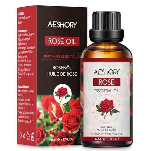 AESHORY Olio Essenziale di Rosa 50ml, Oil Essenziali di Rosa di Grado Terapeutico, 100% Puri Naturali Oil Essenziali di Aromaterapia, Oli Profumati per Diffusori, SPA, Massaggio, Bagno