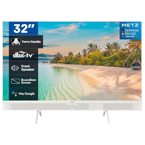 METZ 32MTE7000Z Smart TV 32” HD, Televisione Google Portatile, Design Slim Bianco con Maniglia, Speaker Frontale, Google Assistant, Dolby Audio, dbx-TV, Bluetooth 5.0, Tuner DVB-T/T2/C/S/S2/Analogico