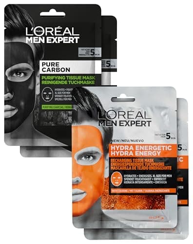 L'Oréal Men Expert Hydra Energy Pure Carbon - Set di 4 maschere idratanti per il viso contro punti neri e brufoli, 4 x 30 g
