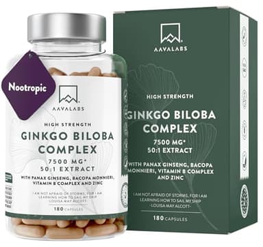 Ginkgo Biloba Integratore 7500mg 50:1 con Ginseng Rosso Coreano, Bacopa Monnieri, Vitamina B Complex, Zinco - Nootropico Integratore Memoria e Concentrazione, Metabolismo, Circolazione - 180 capsule
