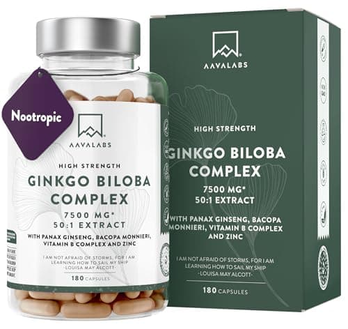Ginkgo Biloba Integratore 7500mg 50:1 con Ginseng Rosso Coreano, Bacopa Monnieri, Vitamina B Complex, Zinco - Nootropico Integratore Memoria e Concentrazione, Metabolismo, Circolazione - 180 capsule