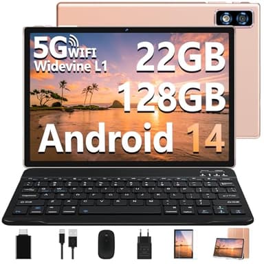 2025 Newest Tablet 10 Pollici Android 14 OS 22GB RAM+128GB ROM(TF 1TB), Octa Core 2.0Ghz /5G+2.4G WiFi/GMS/8000mAh/Bluetooth 5.0/Widevine L1/8MP+5MP/GPS/Tablet 2 in 1 con Tastiera e Mouse - Oro Rosa