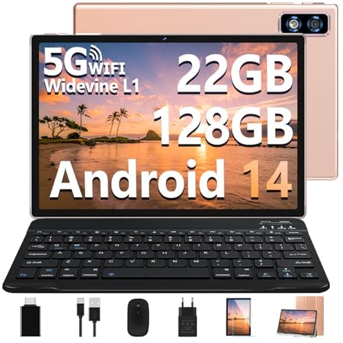 2025 Newest Tablet 10 Pollici Android 14 OS 22GB RAM+128GB ROM(TF 1TB), Octa Core 2.0Ghz /5G+2.4G WiFi/GMS/8000mAh/Bluetooth 5.0/Widevine L1/8MP+5MP/GPS/Tablet 2 in 1 con Tastiera e Mouse - Oro Rosa