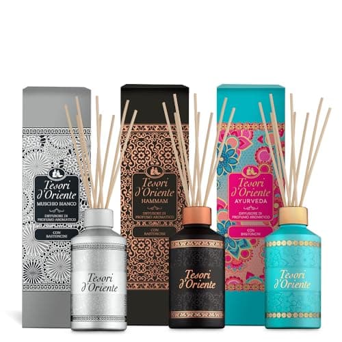 Tesori d'Oriente - Diffusore, Profumatore per Ambienti con Bastoncini, con Oli Essenziali, Deodorante Casa, Fragranze Ayurveda, Hammam e Muschio Bianco, 3 Confezioni da 200ml