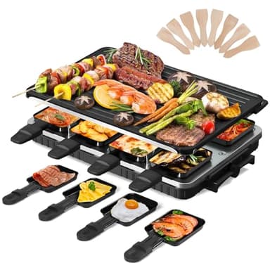 Griglia Elettrica 6 8 Persone 2 in 1 Raclette Grill da Tavolo Rivestimento Antiaderente Piastra Reversibile Griglia Elettrica per Raclette Senza Fumo con 8 Mini Teglie e 8 Raschietti 1300W