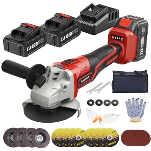 Smerigliatrice angolare a batteria, 125mm smerigliatrice angolare da 21V con 2 batterie da 4.0Ah, motore senza spazzole da 9000 giri/min, dischi da taglio da, disco lamellare per taglio Rosso