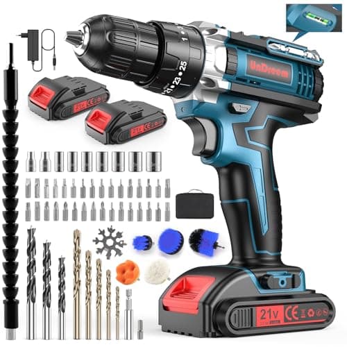 Avvitatore a batteria 21V, Trapano avvitatore elettrico con 61 set di accessori, Spazzola a batteria con set di pulizia,Vite, Foratura, Calcestruzzo, 2 batteria
