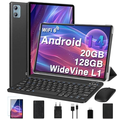 DEERTiME 2025 Tablet 10 Pollici Android 14, 20GB RAM+128GB ROM(TF 2TB), Octa Core, 5G+2.4G Wi-Fi 6, Bluetooth 5.0, 8MP+5MP, Cast, 1280 * 800 FHD, Widevine L1, GMS Tablet PC con Tastiera e Mouse, Nero