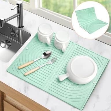 Oamwrae Tappetino Scolapiatti Silicone, Pieghevole Tappeto per Piatti Cucina, Resistente al Calore, Antiscivolo (43×34cm, Verde)