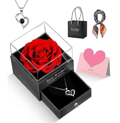 Idea Regalo per Lei, Rosa Eterna con I Love You, Collana, Confezione Regalo per la Festa della Mamma, Regali San Valentino,Compleanno, Anniversario, San Valentino per Fidanzata, Moglie (Rosso)