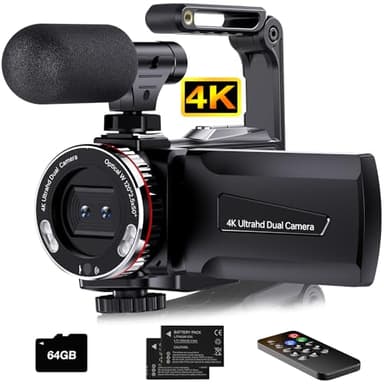 Hojocojo Videocamera 4K 64MP Vlogging Videocamera per YouTube, Dual Camera 3" Screen Girevole a 270° Videocamera con Scheda da 64GB, Microfono, Stabilizzatore,Telecomando,2 Batterie