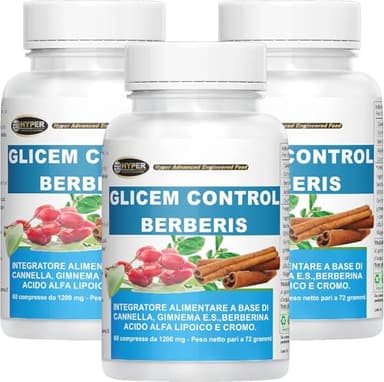 Hyper Glicem Control Berberis 3 Box da 60 Cpr - Integratori per Glicemia con Berberina, Gymnema, Cannella, Acido Alfa Lipoico e Cromo Picolinato - Metabolismo dei Carboidrati - Made in Italy