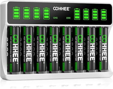 OOHHEE 8 Bays Caricabatteria con 8 x AA batterie, Caricabatteria Intelligente Schermo LCD, per Batterie NI-MH, Caricabatteria Individuale per Batterie AA AAA Ricaricabili