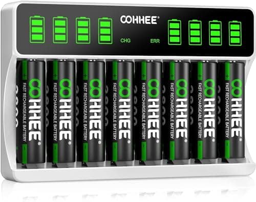 OOHHEE 8 Bays Caricabatteria con 8 x AA batterie, Caricabatteria Intelligente Schermo LCD, per Batterie NI-MH, Caricabatteria Individuale per Batterie AA AAA Ricaricabili