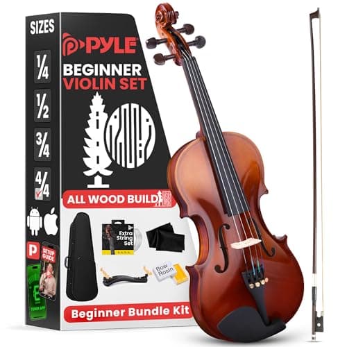 Pyle Violino Intero per Principianti, Kit Completo con Custodia da Viaggio, Archetto, Corde Extra, Accordatore Digitale, Supporto Spalla e Panno per Bambini e Adulti
