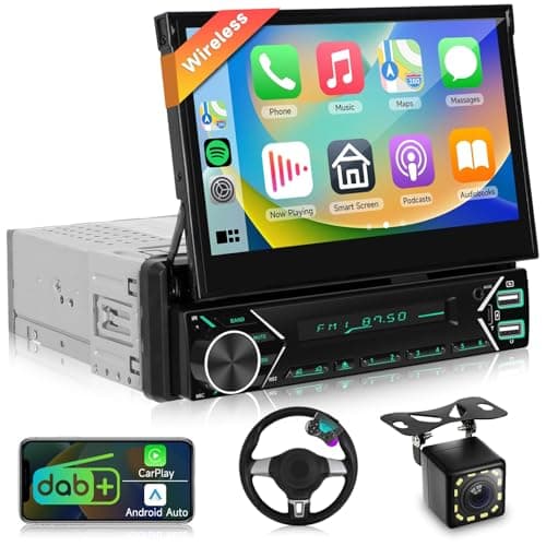 Autoradio 1 DIN DAB+ con Wireless CarPlay Android Auto, schermo retrattile da 7 pollici, radio 1 DIN BT/comandi al volante/collegamento specchio/EQ/USB-C+Telecamera posteriore