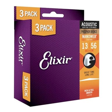 Elixir Strings 16546 - Corde per chitarra acustica in bronzo fosforoso, con rivestimento NANOWEB, confezione da 3, medie, 013-.056