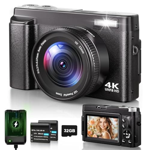 Fotocamera Digitale 4K, 48MP Autofocus Macchina Fotografica con Zoom 16X, Vlog Fotocamera Compatta HD con Stazione di Ricarica, 2 Batterie da 800 mAh, Scheda da 32 GB per Principianti, Bambini