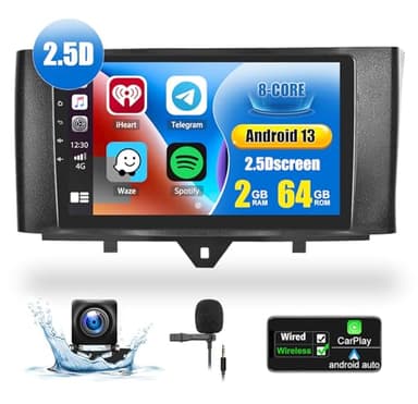 CAMECHO 2+64G Android 13 Autoradio per Mercedes-Benz Smart Fortwo 2011-2015 Doppio Din 9" Schermo Carplay Android Auto Radio con Telecamera Posteriore,Bluetooth Navi WiFi Mirror Link FM/RDS DSP