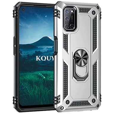 KOUYI Cover per Oppo A52/A72/A92, Custodia Antiurto Grado Militare 360° Girevole Regolabile Ring Armor Bumper TPU Case Magnetica Supporto Silicone Custodie per Oppo A52/A72/A92 (Argento)