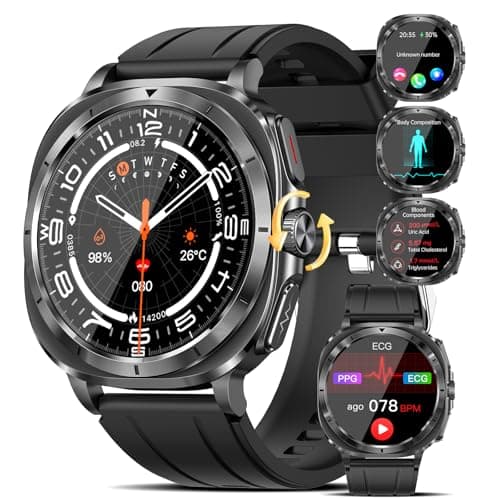 2025 Smartwatch Uomo con ECG/Acido Urico/Pressione Arteriosa/Sonno/BMI/Temperatura Corporea/Cardiofrequenzimetro,1,43"AMOLED 𝐆li𝐜𝐞𝐦𝐢𝐚 Orologio con NFC Apre la Porta,Pulsante SOS,IP68 iOS Android