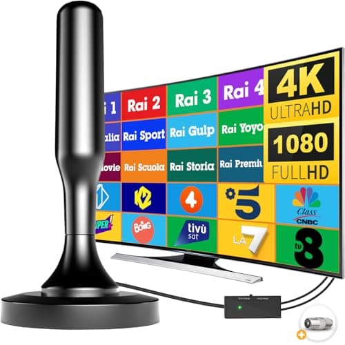 Antenna TV Interna, Antenna TV Portatile Con Base Magnetica E 5m Cavo Coassiale per 4k/1080p HDTV, Potente Antenna Digitale Terrestre Con Supporto DVT-T2 VHF/UHF per Uso Domestico E Aziendale - Nero