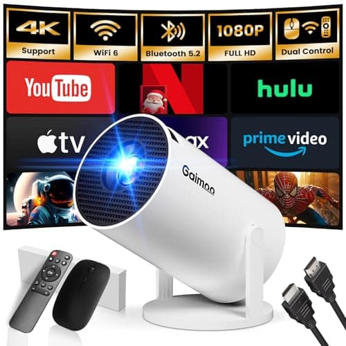 [App integrata] Mini Proiettore 2025 Upgraded Proiettore Portatile Dual Control con Mouse Android TV Auto Keystone WiFi 6 BT5.2 Ruotabile 180° HDMI/TV Stick/USB/PS5/Laptop, con Cavo HDMI & Mouse