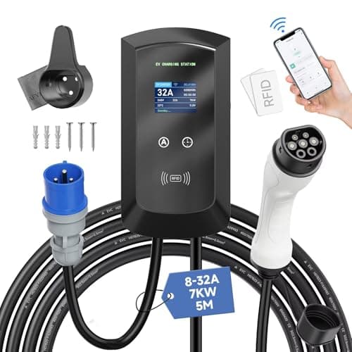 Afyeev 7kW Stazione di Ricarica per Veicoli Elettrici, 8-32A, Monofase, Caricabatterie EV Tipo 2 per Auto Elettrica Controllo App e Carta RFID, EV Charger con 5M Cavo, IEC 62196-2