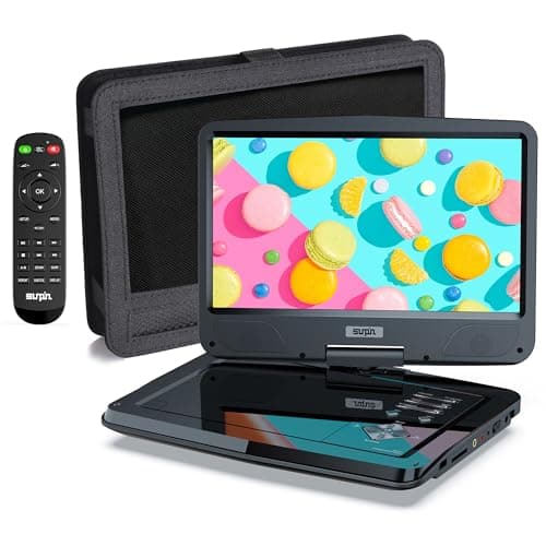 SUNPIN - Lettore DVD portatile con schermo HD orientabile da 10,5 pollici, altoparlante stereo e doppia presa per cuffie, supporto Sync TV/USB/SD, supporto poggiatesta auto, colore: nero