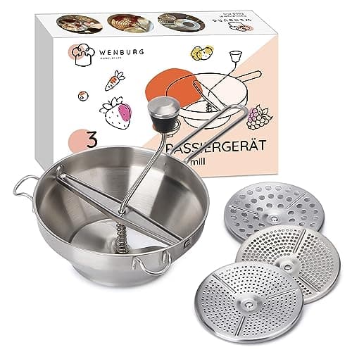 Wenburg Facile da usare Passaverdure Manuale Acciaio Inox - Versatile Passatutto Acciaio Inox con 3 Setaccio - Lavabile in Lavastoviglie - Passaverdura per Filtrare Frutta e Verdura (19,5 cm)