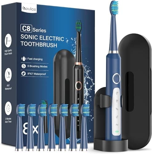 Spazzolino Elettrico Sonico con 8 Testine - Spazzolino Sonico Adulti Ricaricabile, Spazzolino Denti Elettrico con Custodia, 5 Modalità, Spazzolino Da Viaggio Ultrasonico, Blu Navy