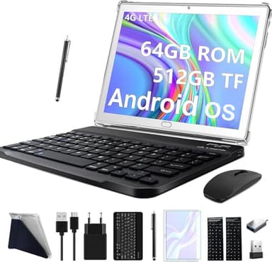 Tablet da 10 pollici, Android 13, 4 G LTE, tablet con 2 SIM 1 SD, tablet 3 in 1 con tastiera, 64 GB, ROM, 512 GB, TF, Octa-Core, 1080P FHD, 13 MP, 6000 mAh, Bluetooth, WiFi GPS tipo C, argento