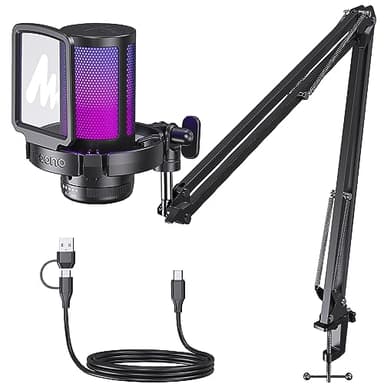 MAONO Microfono Gaming RGB, Microfono a Condensatore con Cancellazione del Rumore per Streaming Podcast Studio, Microfono USB per PS5/PS4/Mac con Luce RGB, Disattivazione One-Touch, Controllo Guadagno