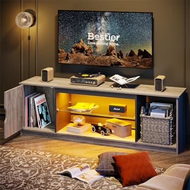 Bestier Supporto per TV a LED da 148 cm, per TV da 55/60/65 pollici, con armadio per PS5, moderno mobile TV con ripiani in vetro regolabili per soggiorno, camera da letto, L101615B-GRYW