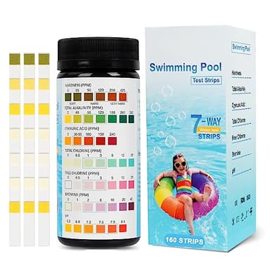 Strisce Test Sette Funzioni, 7 in 1 Test Acqua Piscina 160 Pezzi Misuratore pH Piscina per Test Accurato di Durezza, Alcalinità Totale, Acido Cianurico, Cloro Totale, Cloro Libero, Bromo e pH
