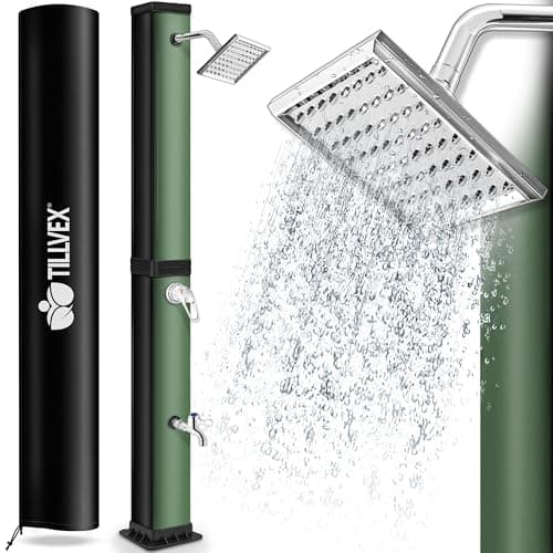 tillvex Doccia Solare con Coperchio di Protezione, Doccia da Giardino a energia Solare, per Piscina, Senza Collegamento di Alimentazione, con Rubinetto (Nero/Verde, 40 Litri)