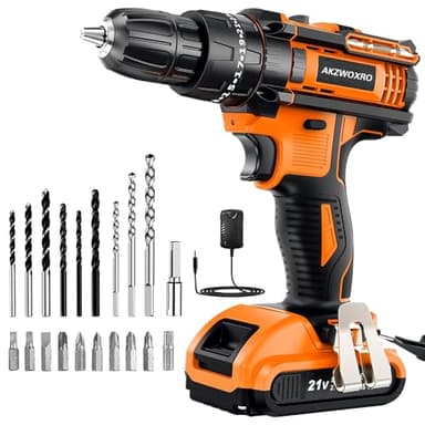 AKZWOXRO Trapano Avvitatore Batteria 21V, Avvitatore a Batteria con Batterie da 2.0Ah, 42N.m di Coppia, 2 Velocità, 25+3 Coppia, 22 Accessori, Luce a LED, Per il fai da te, in Casa e Giardino