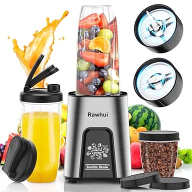 Rawhui Frullatore Elettrico 800W, Portatile Blender per Smoothie, Mini Frullatori da Tavolo con 6 Lame in Acciaio Inox, Mixer Cucina con 2 Bottiglie da 600ml e 2 Coperchi da Viaggio, Senza BPA