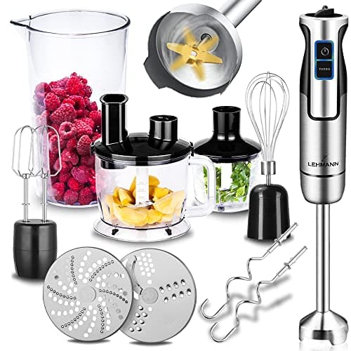 Lehmann Set frullatore a immersione Chopsui, 1200 W, frullatore ad immersione con funzione turbo e controllo della velocità, miscelatore elettrico multifunzione manuale, incluso set di accessori da 9