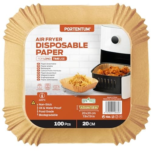 PORTENTUM Carta forno per friggitrice ad aria 100 unità da 20-20 cm Quadrata. Adatto al Forno, da 5 a 8 litri. Carta Air Fryer certificata per uso alimentare BPA Free, FDA e LFGB