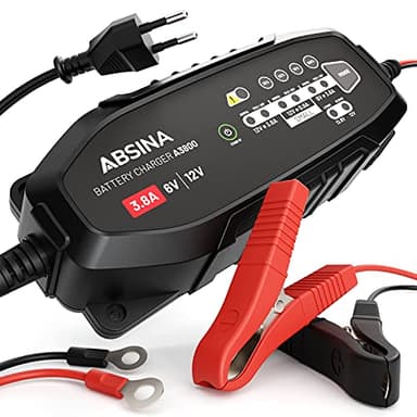 ABSINA Caricabatterie auto automatico - Carica batteria per auto per batterie al piombo-acido da 6V e 12V fino a 120Ah e 12,8V al litio - Mantenitore di carica auto AGM 12V per moto, caravan e altro